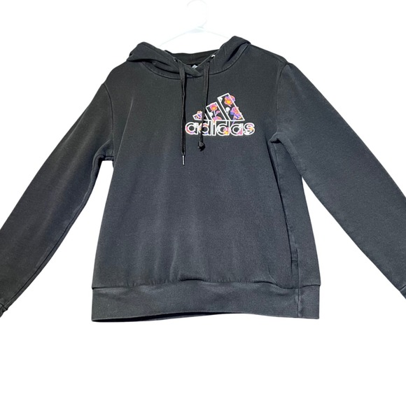 Adidas Pullover Hoodie Womens Medium Black Floral Logo Sweatshirt Sporty Casual - Picture 2 of 12